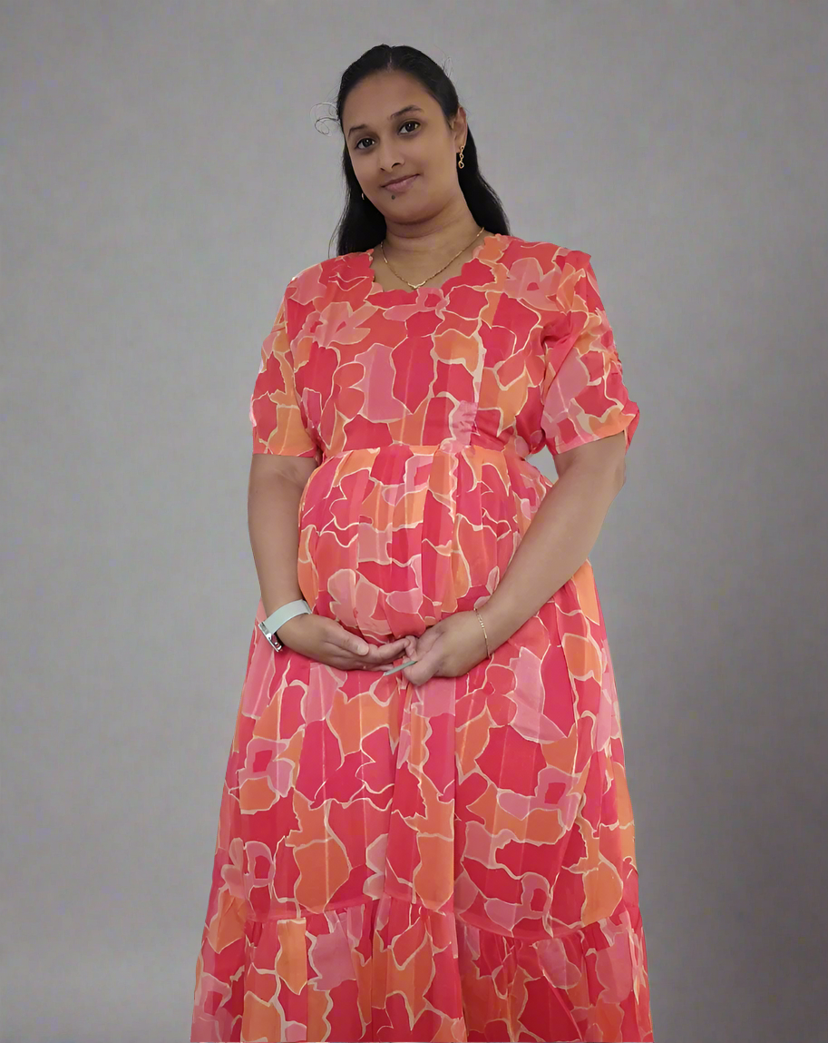 Red and Orange Flower Maxi Dress | Breastfeeding Zips | Deep Pocket | Waist Ties Mamma Red and Orange Flower Maxi Dress | Breastfeeding Zips | Deep Pocket | Waist Ties Mamma