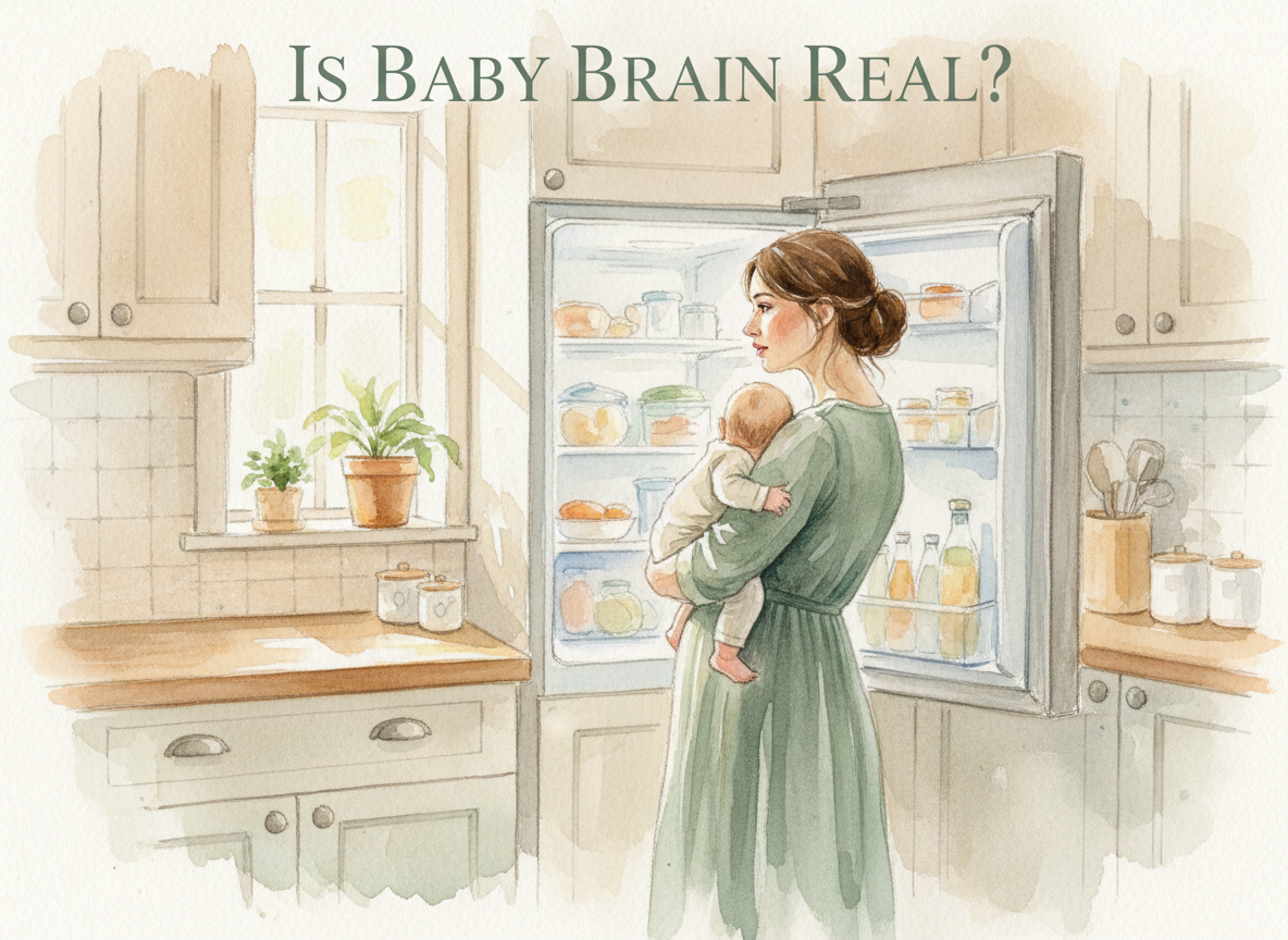 Mother with baby standing at open fridge experiencing baby brain forgetfulness