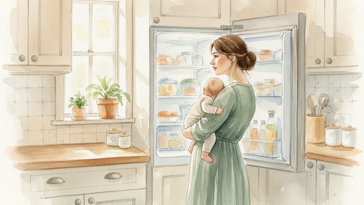 Mother with baby standing at open fridge experiencing baby brain forgetfulness