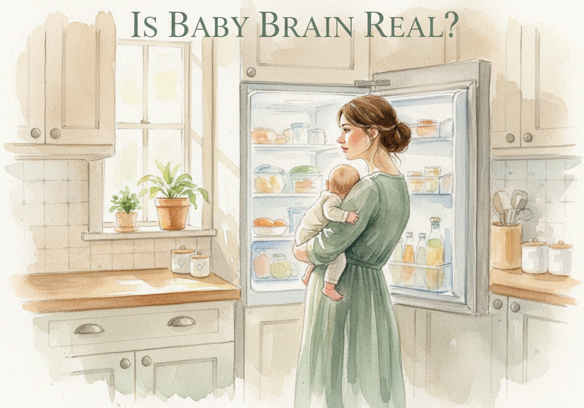 Mother with baby standing at open fridge experiencing baby brain forgetfulness