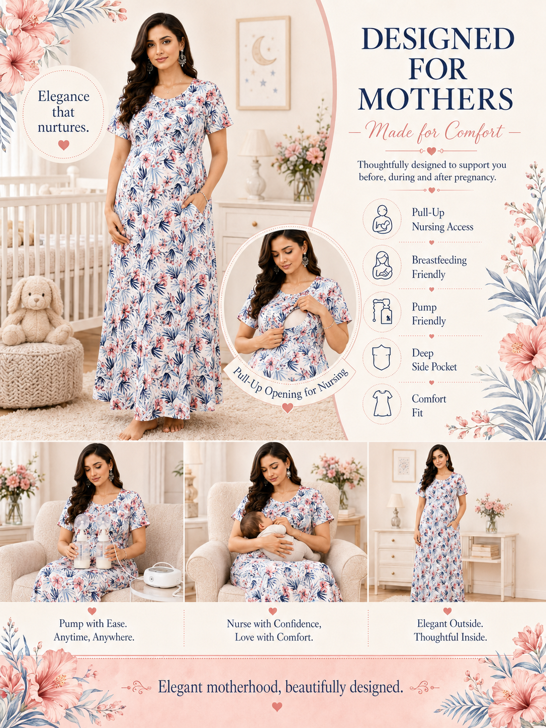 White with Blue and Orange Flower Pull-Up Sleepwear