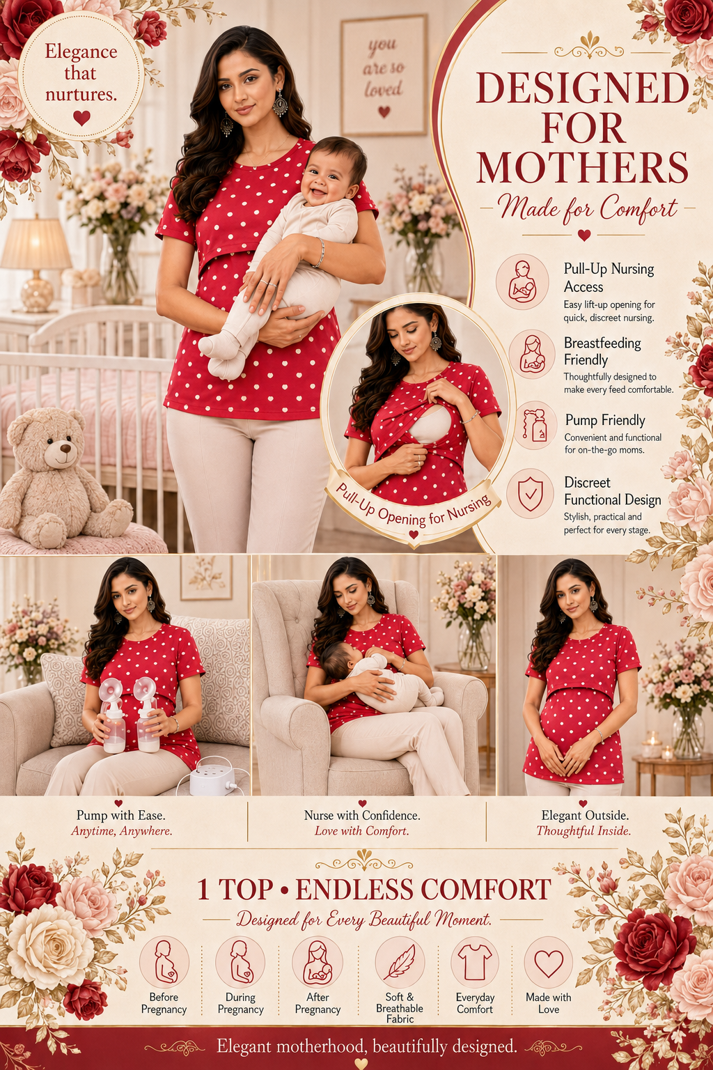 Mamma Cotton Maternity & Nursing Top – Red Polka Dot Feeding Tee