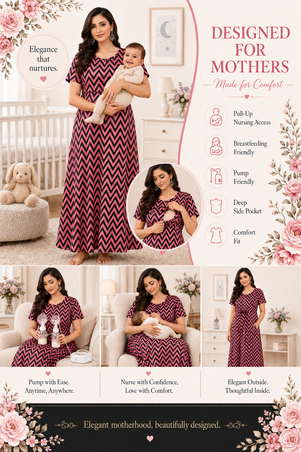 Peach with Black Zig-Zag Pull-Up Nightdress