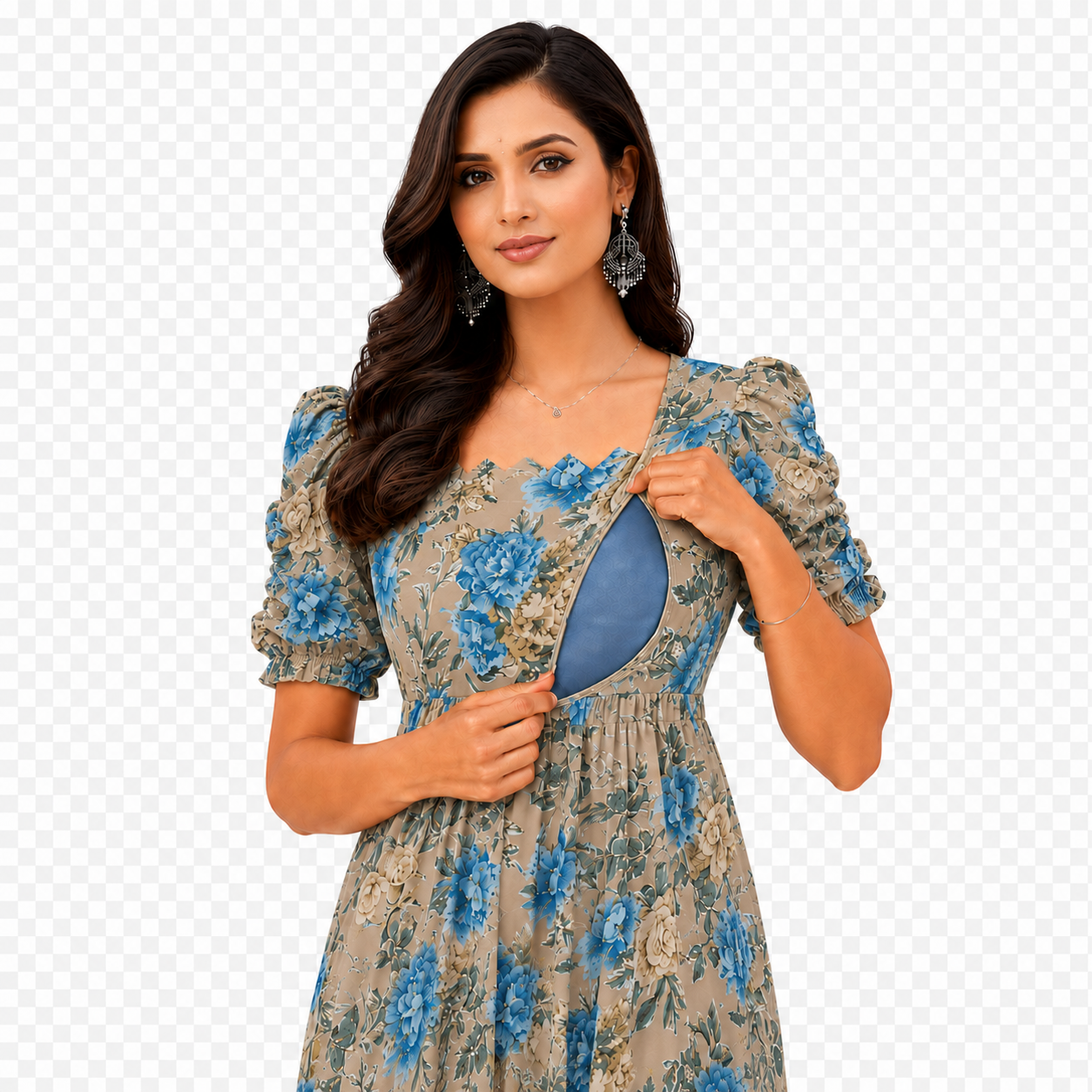 Beige with Blue & Gold Roses Maxi Dress