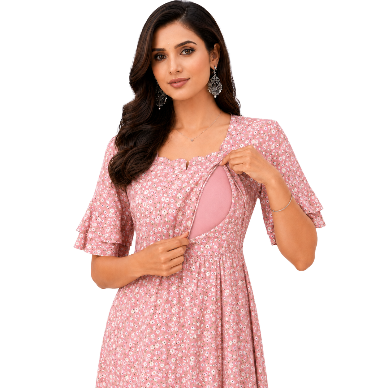 Small Flower Print Nursing Dress - Pink