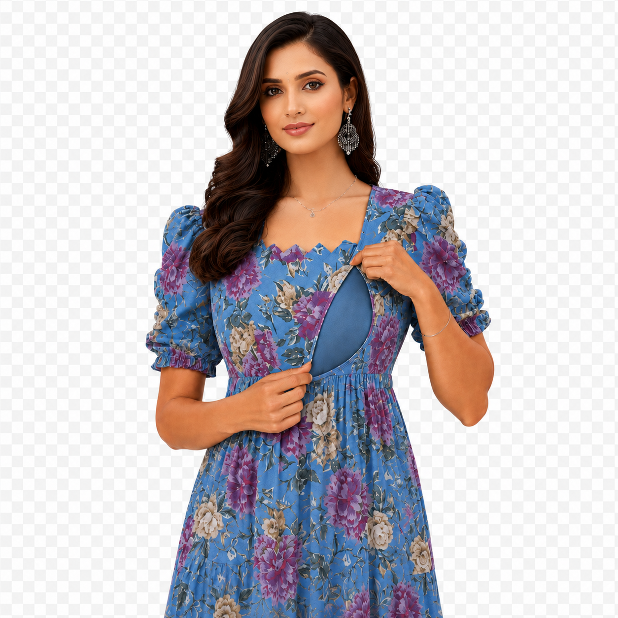 Sky Blue with Purple & Gold Roses Maxi Dress