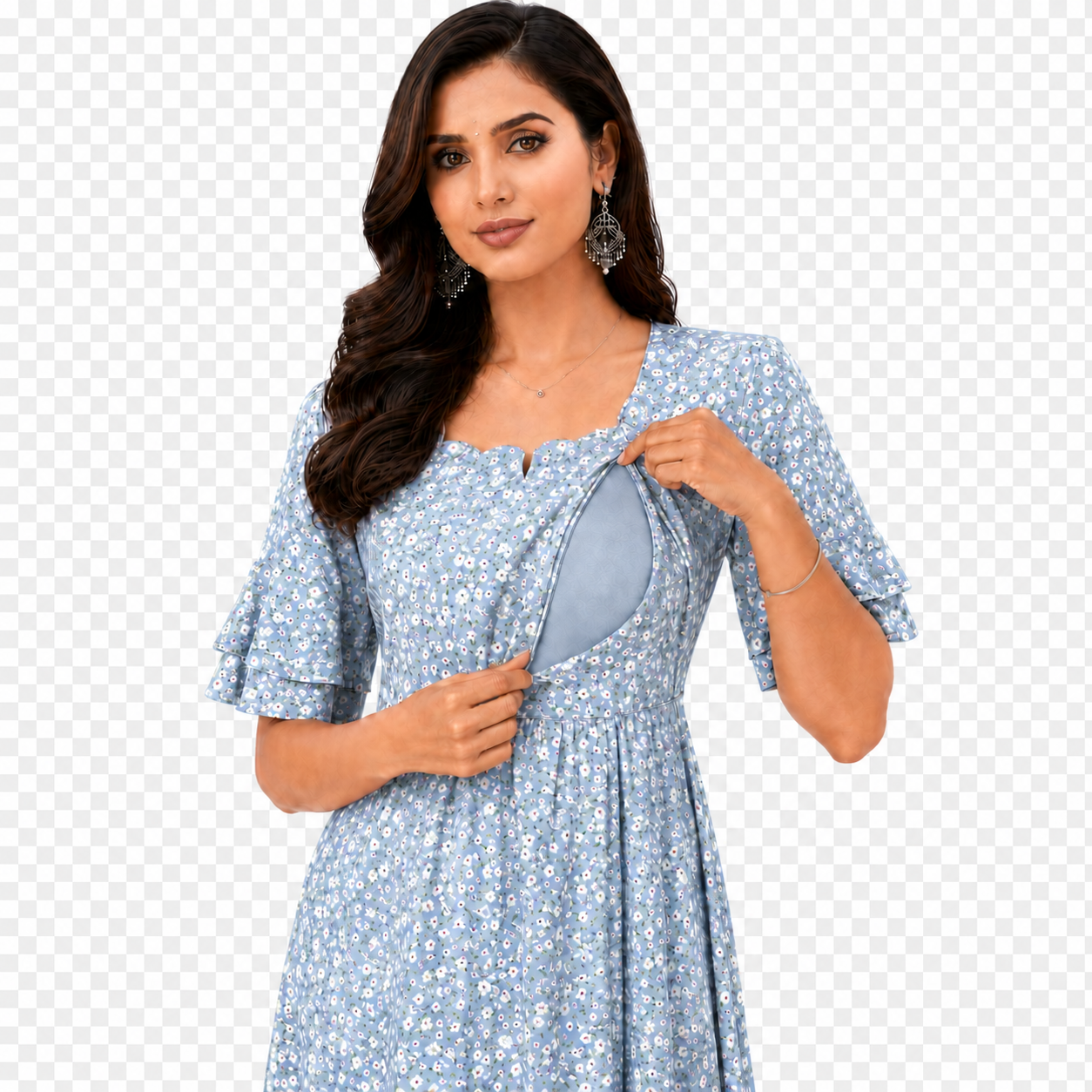 Small Flower Print Nursing Dress - Blue