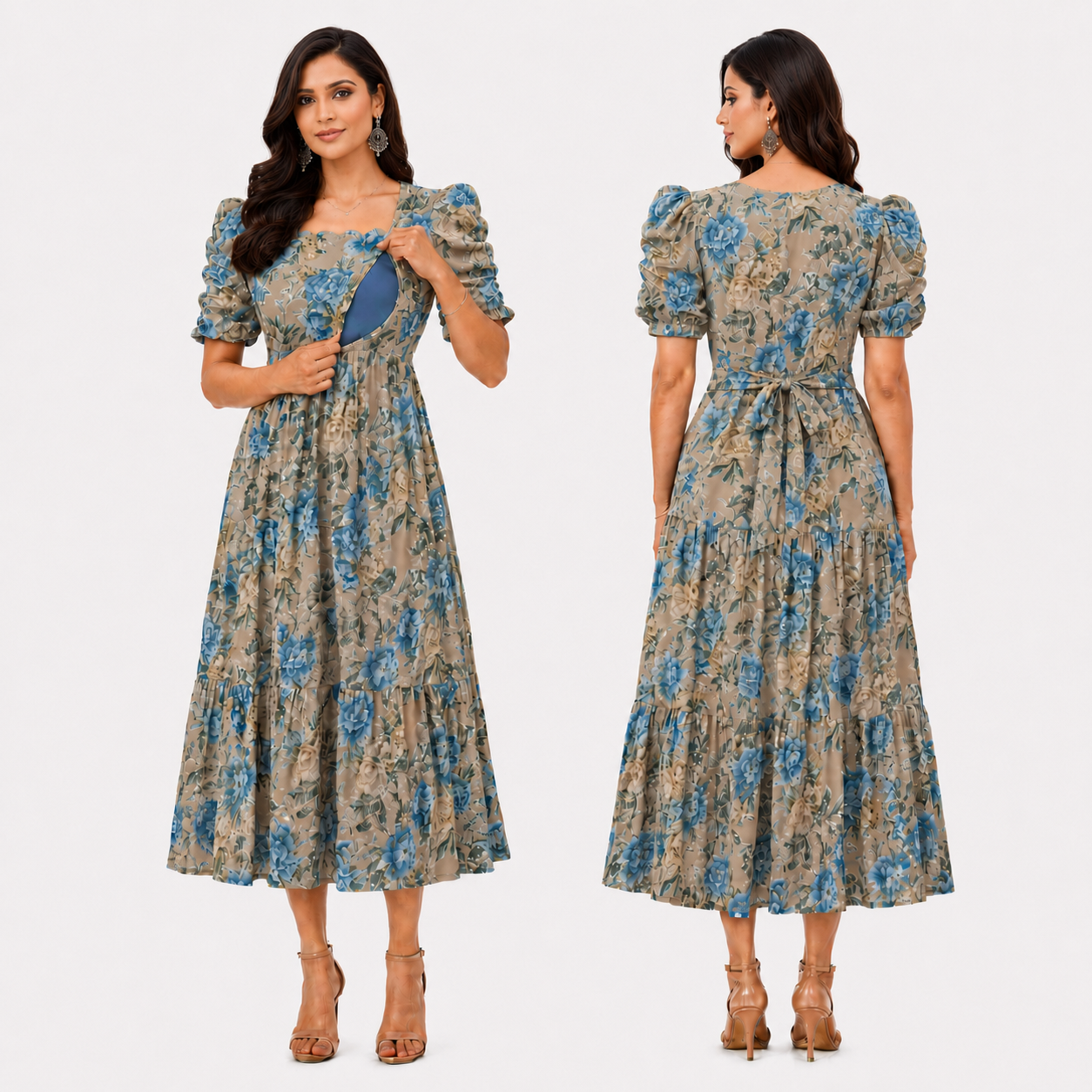 Beige with Blue & Gold Roses Maxi Dress