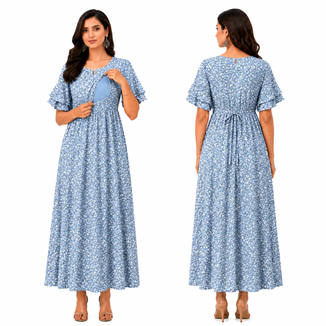 Small Flower Print Nursing Dress - Blue