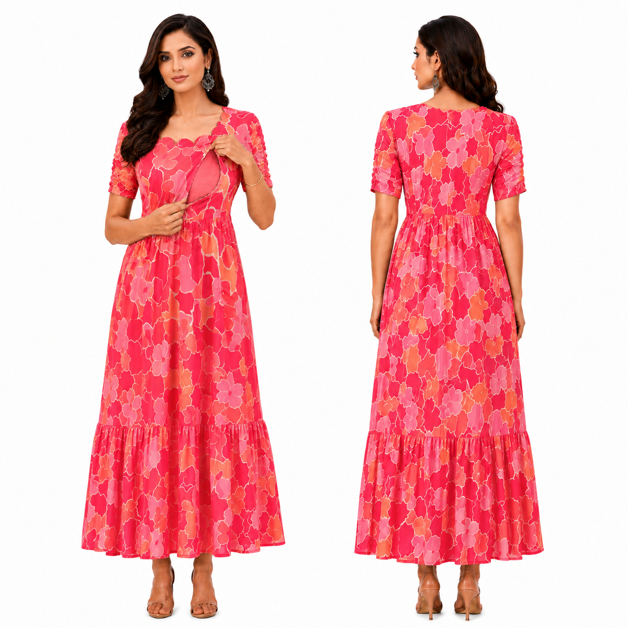 Red and Orange Flower Maxi Dress