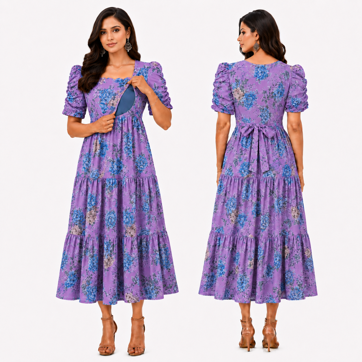 Purple with Blue & Gold Roses Maxi Dress