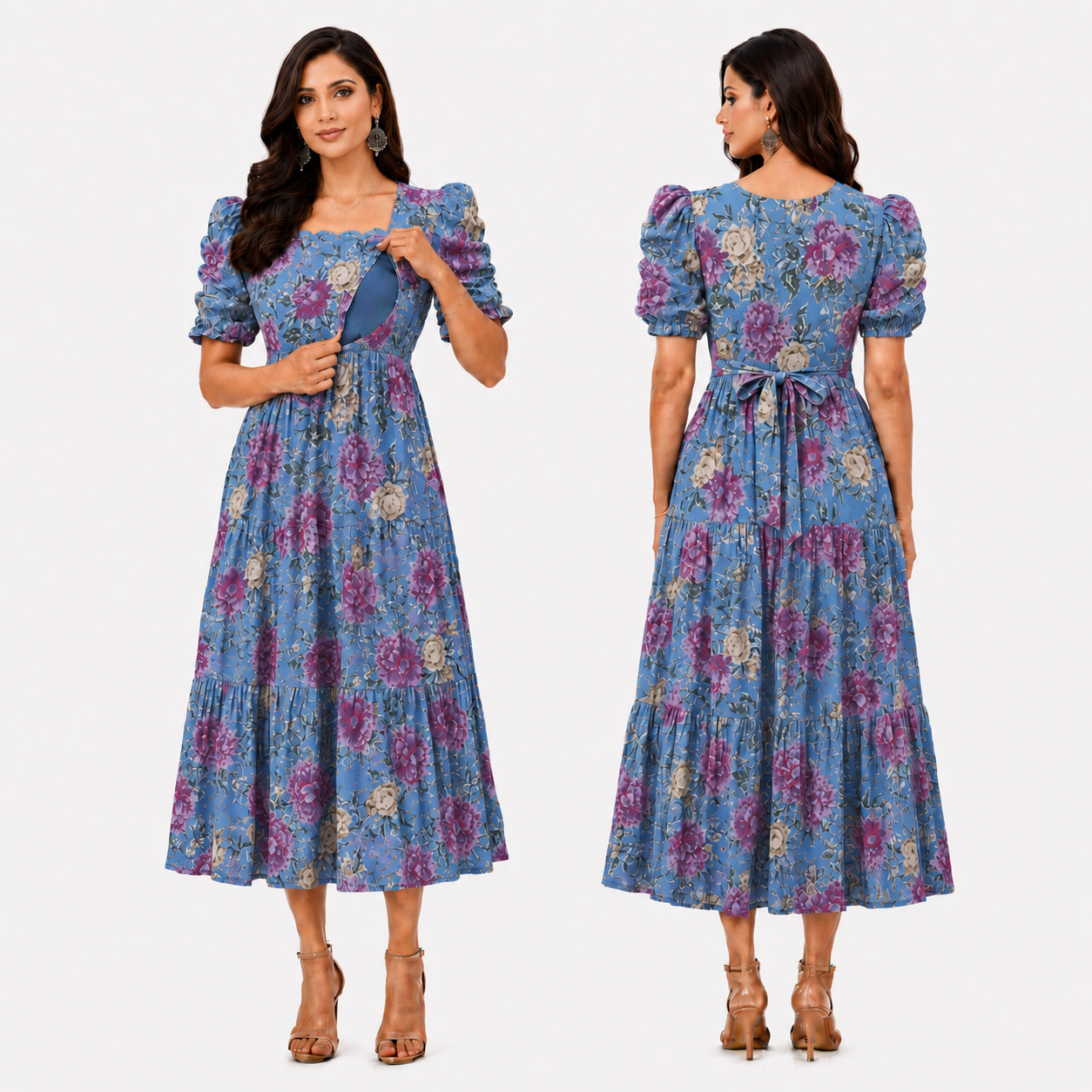 Sky Blue with Purple & Gold Roses Maxi Dress