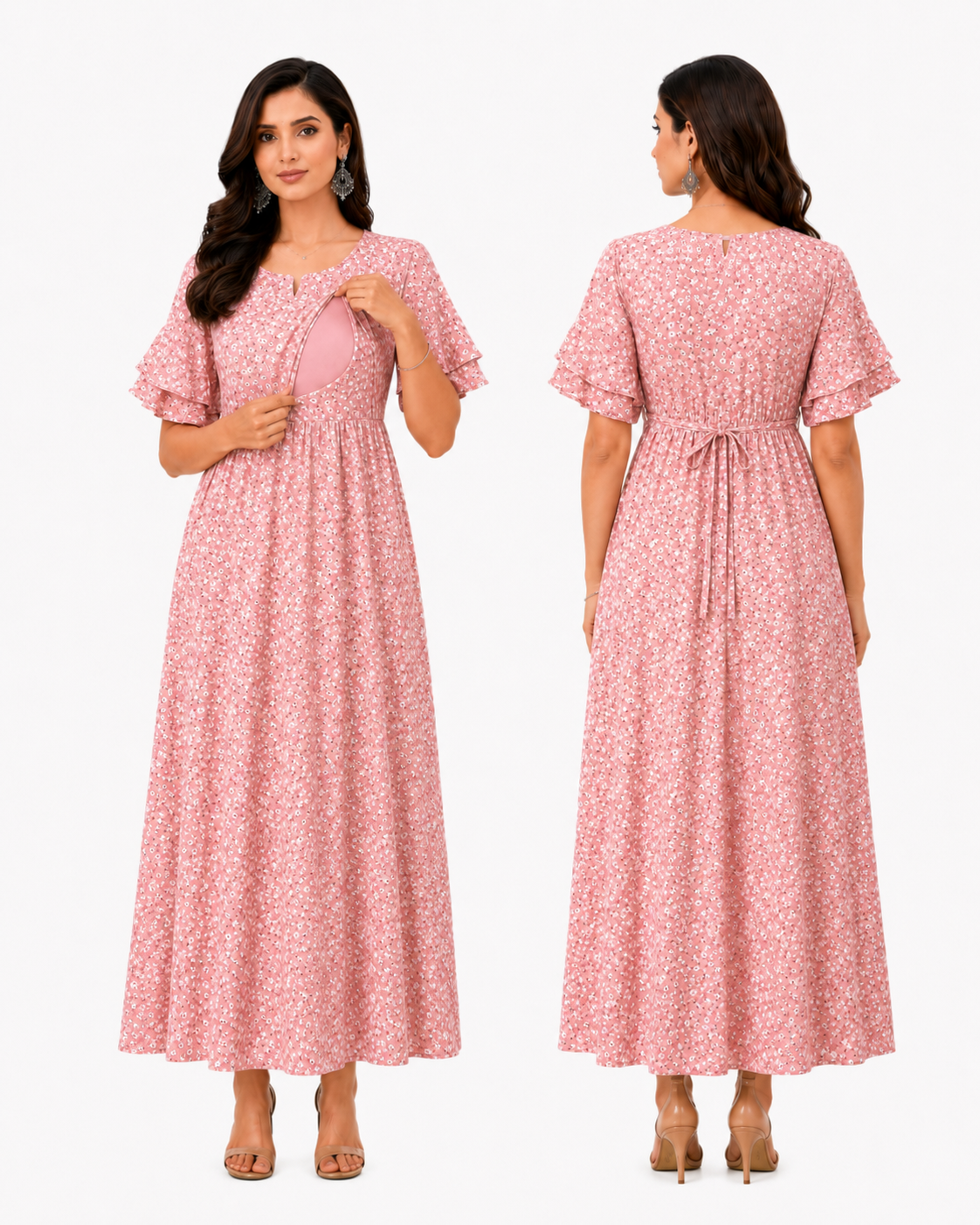 Small Flower Print Nursing Dress - Pink