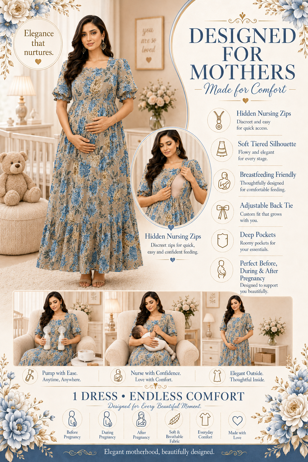 Beige with Blue & Gold Roses Maxi Dress | Breastfeeding Zips | Deep Pocket