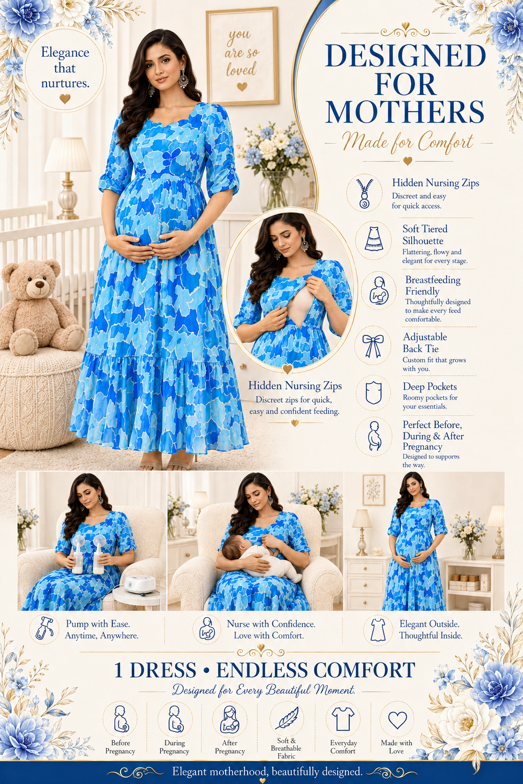 Light and Dark Blue Flower Maxi Dress