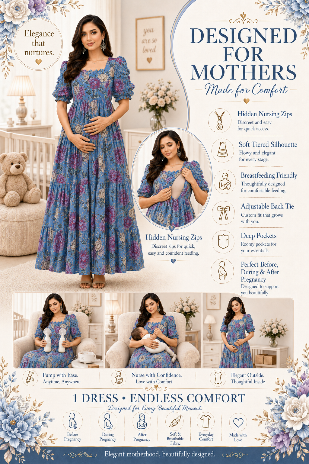 Sky Blue with Purple & Gold Roses Maxi Dress