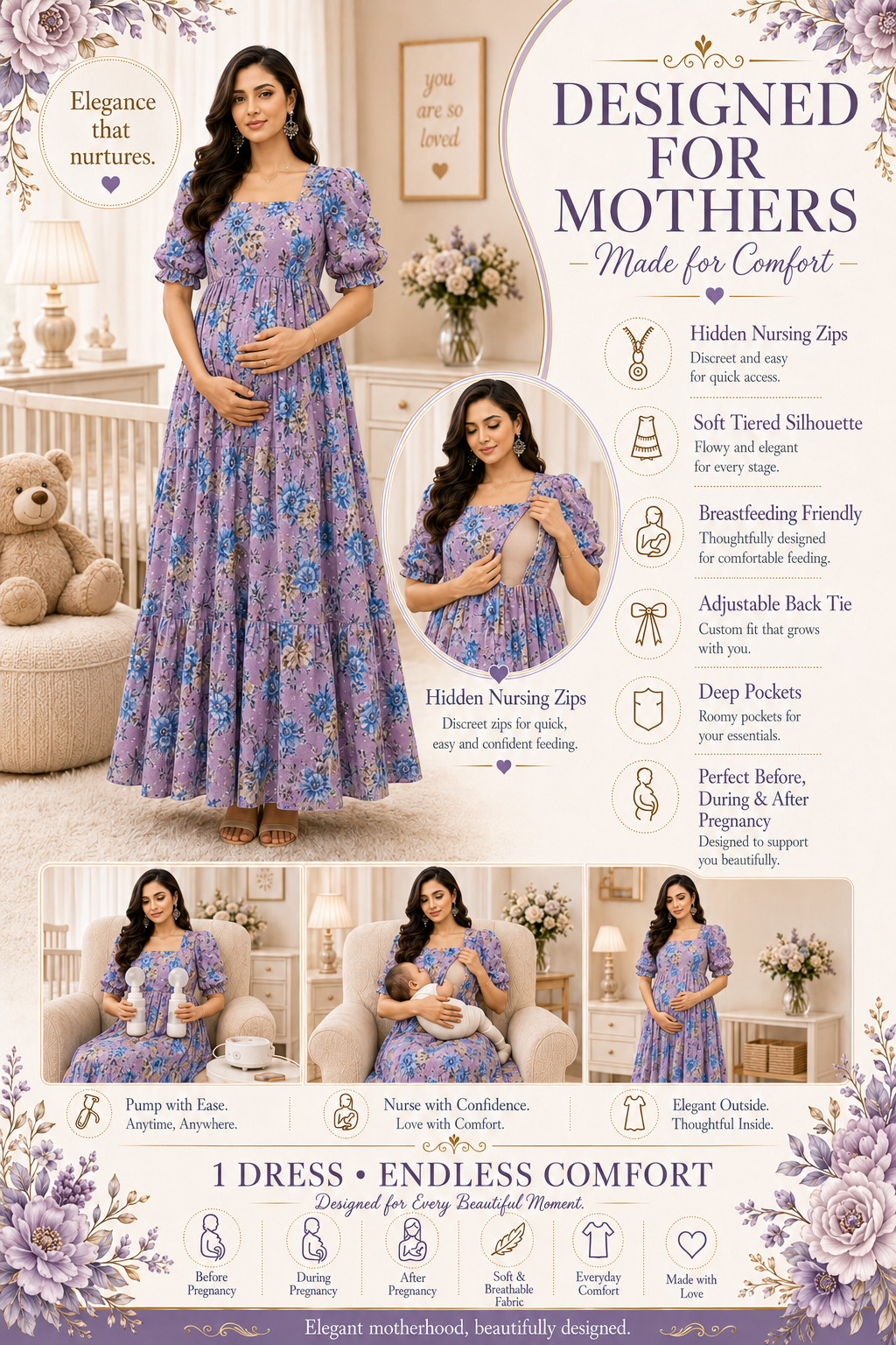 Purple with Blue & Gold Roses Maxi Dress