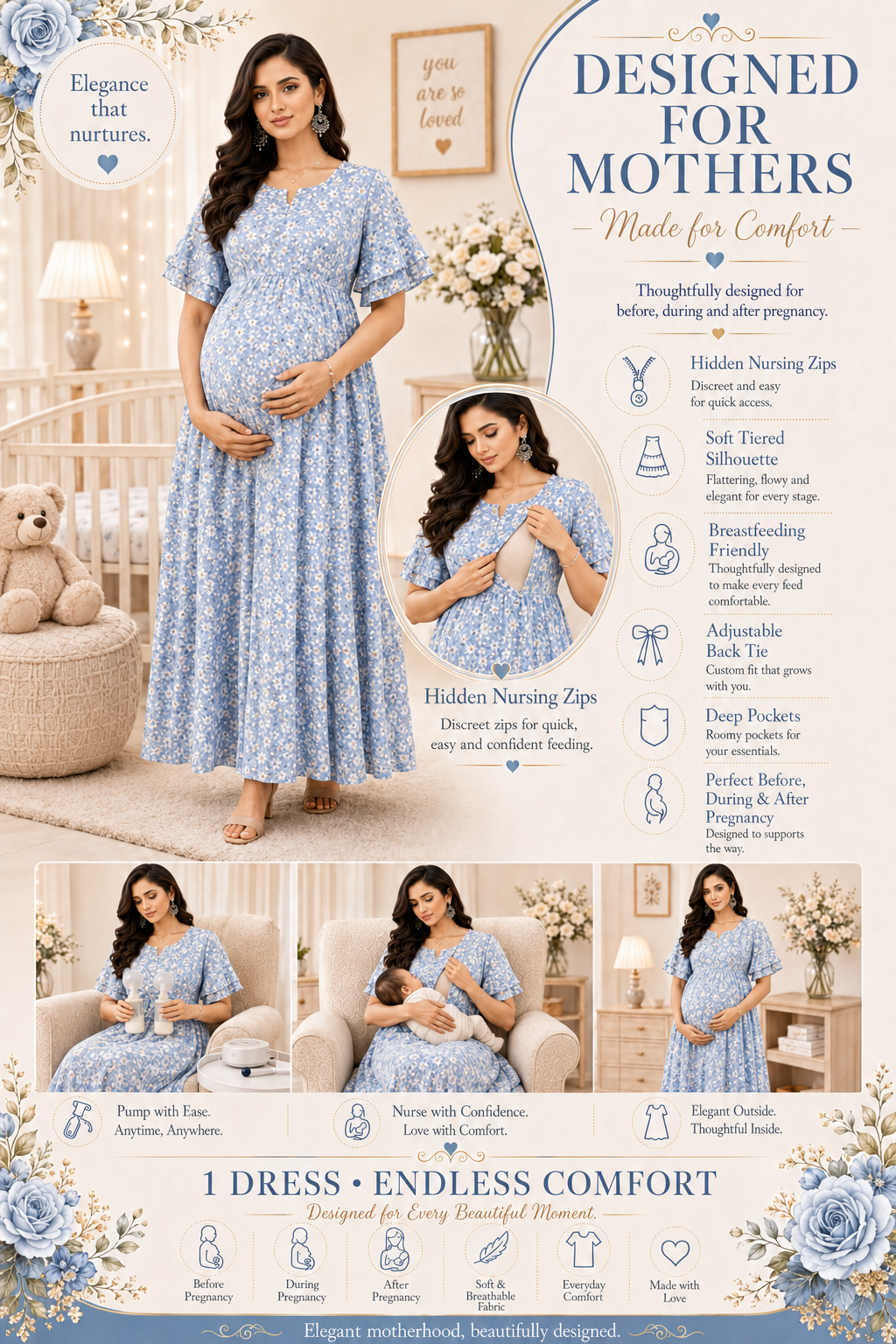 Small Flower Print Nursing Dress - Blue