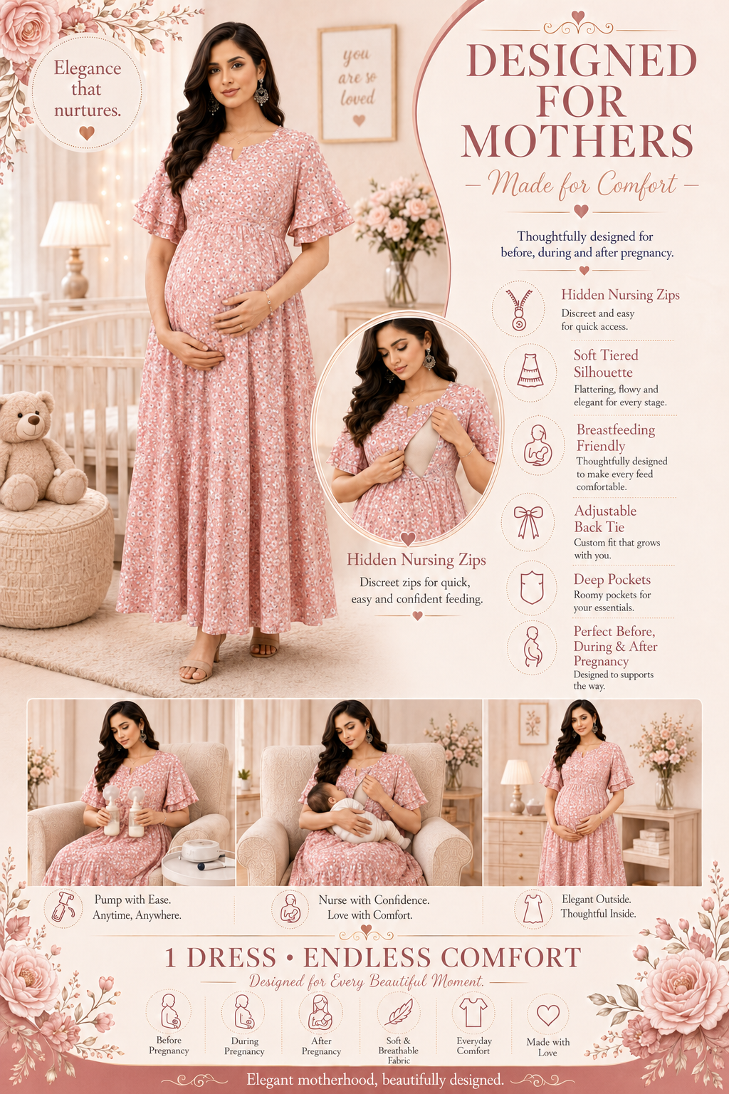 Small Flower Print Nursing Dress - Pink