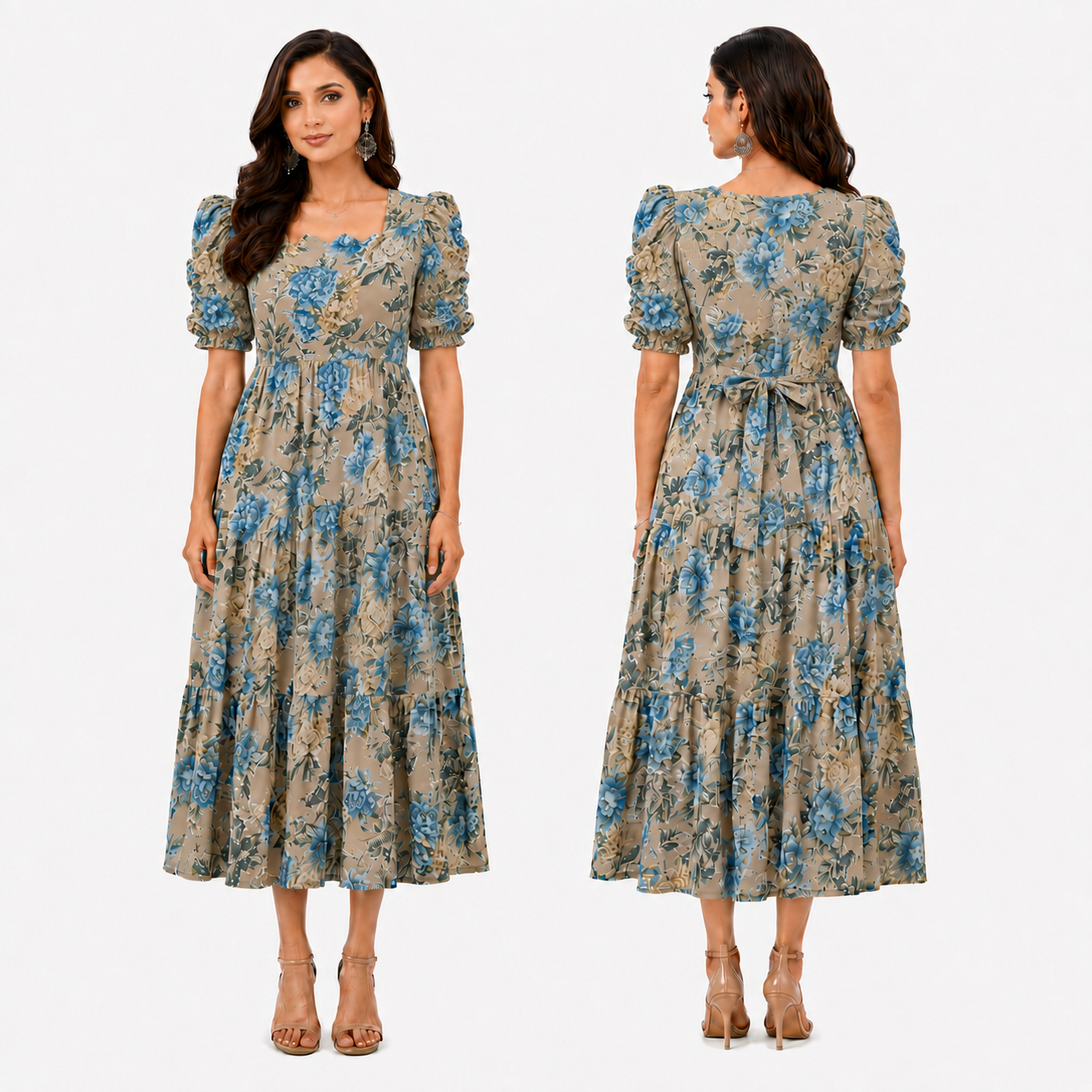 Beige with Blue & Gold Roses Maxi Dress