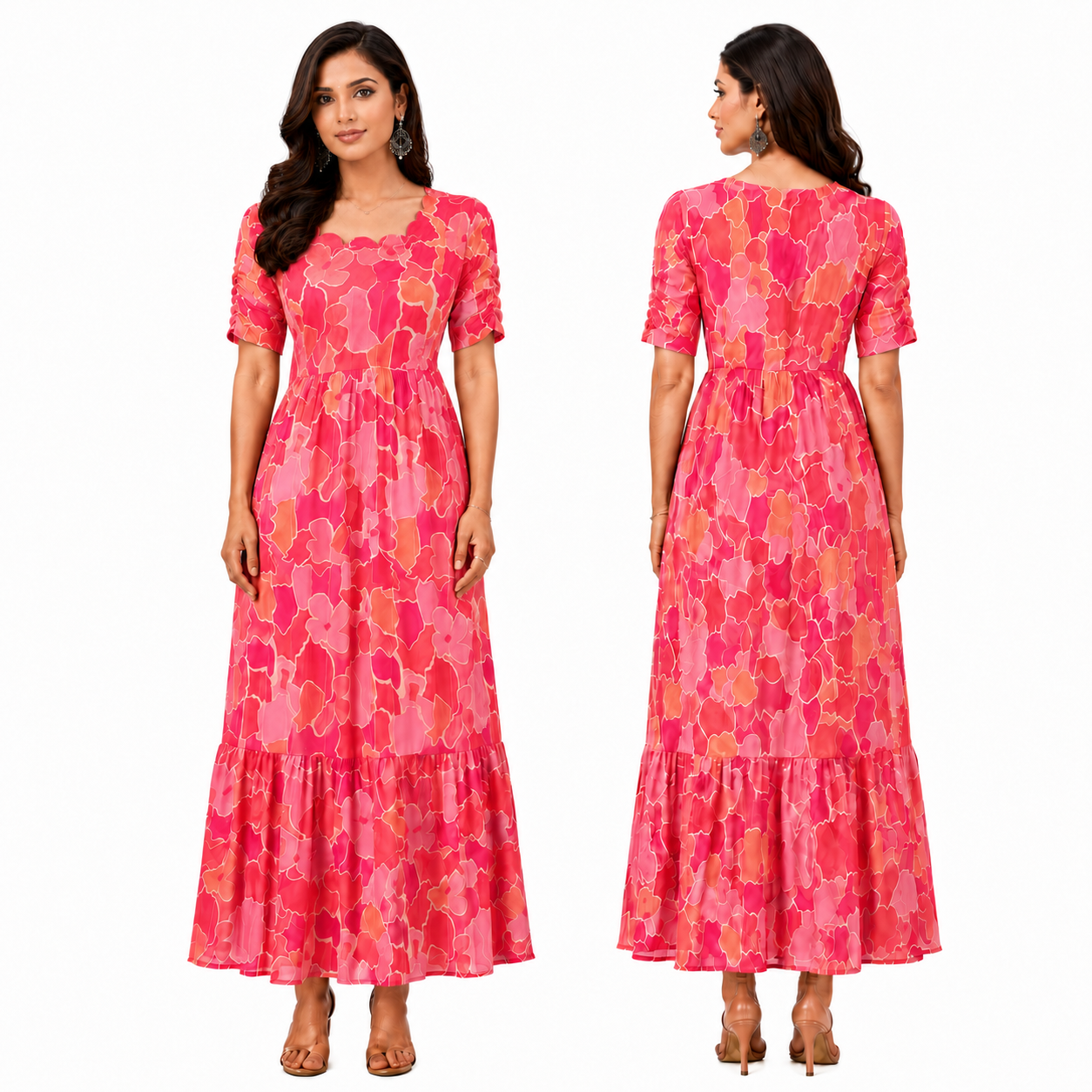 Red and Orange Flower Maxi Dress