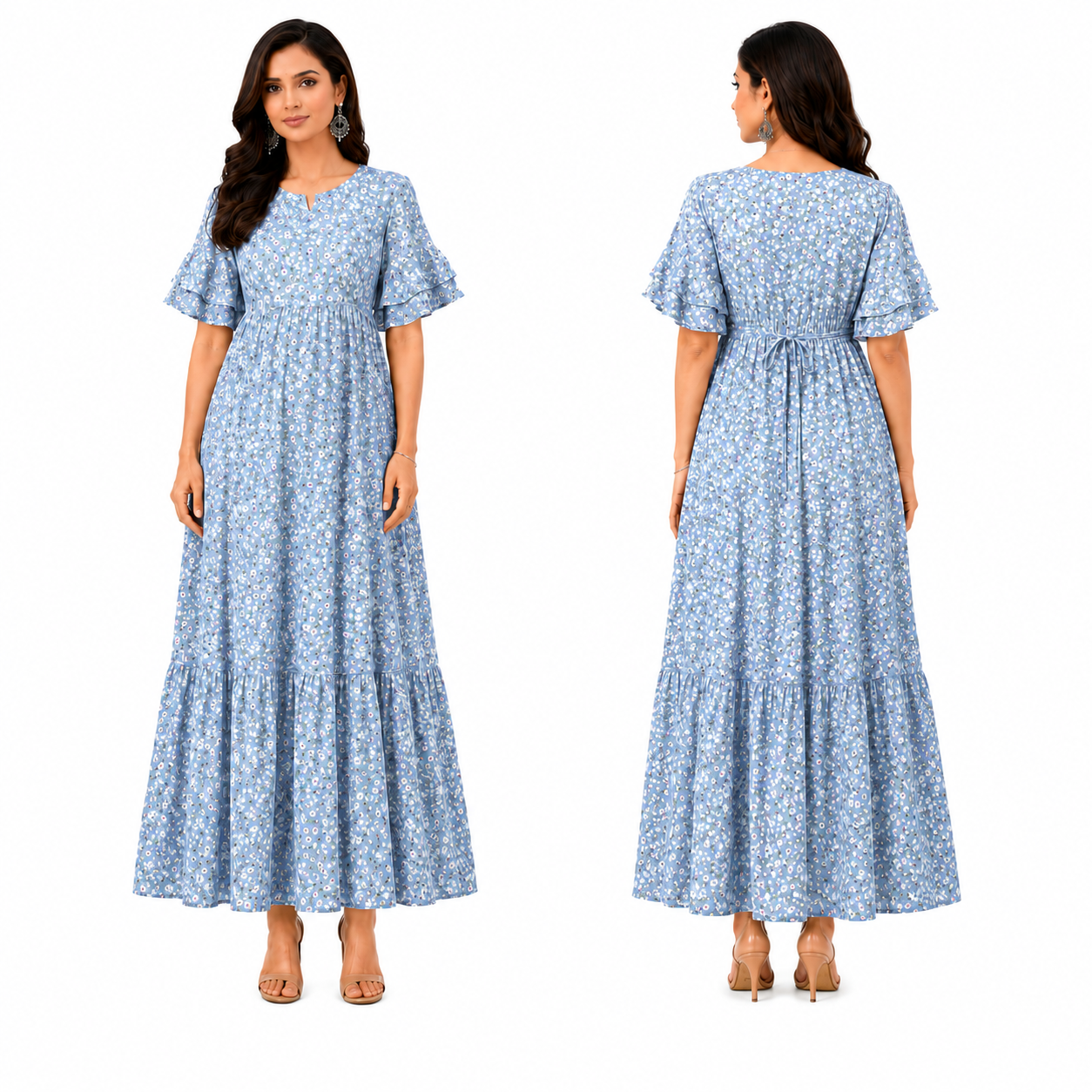 Small Flower Print Nursing Dress - Blue