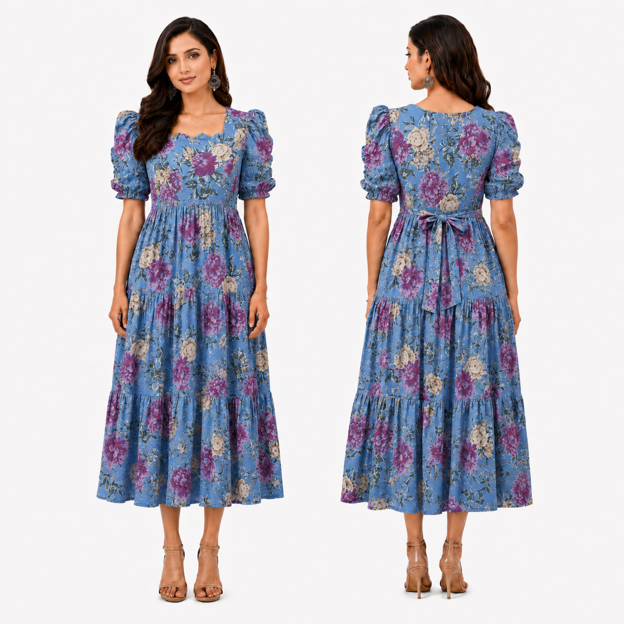 Sky Blue with Purple & Gold Roses Maxi Dress