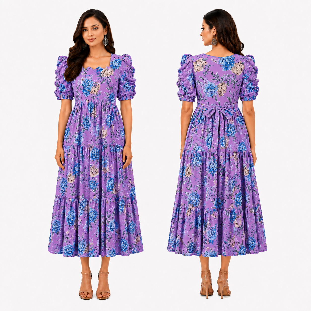 Purple with Blue & Gold Roses Maxi Dress