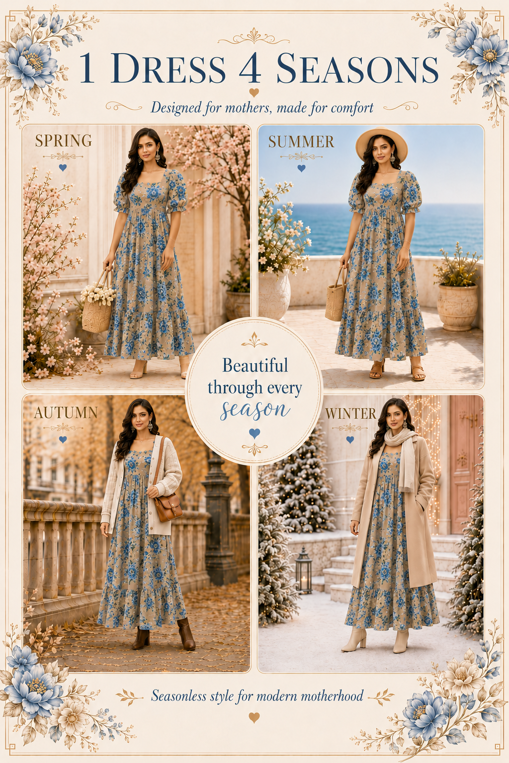 Beige with Blue & Gold Roses Maxi Dress