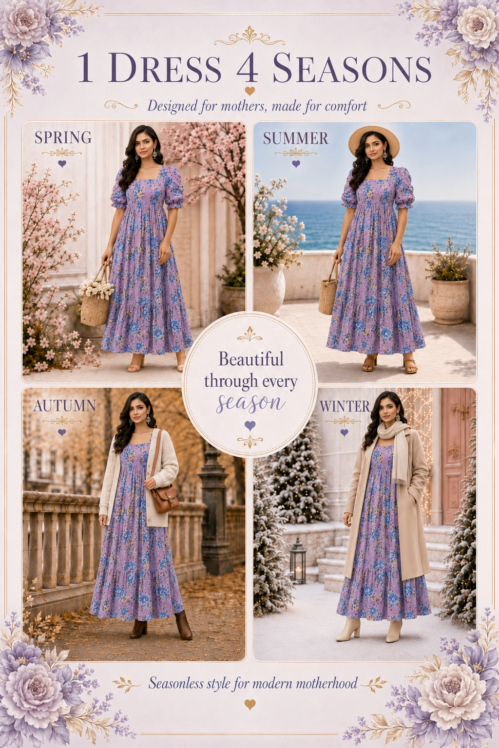 Purple with Blue & Gold Roses Maxi Dress