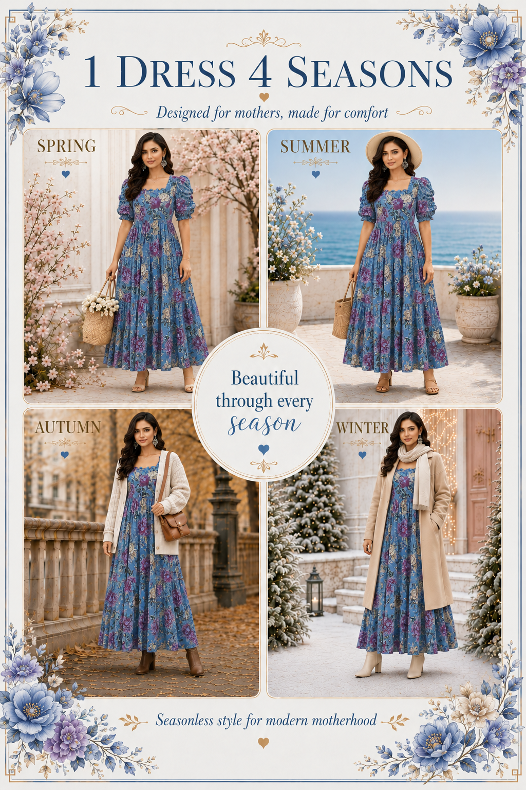 Sky Blue with Purple & Gold Roses Maxi Dress