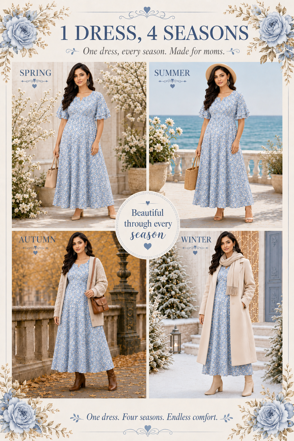 Small Flower Print Nursing Dress - Blue