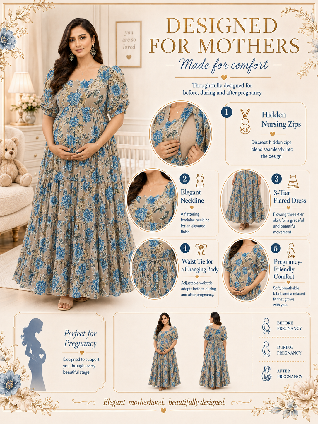Beige with Blue & Gold Roses Maxi Dress