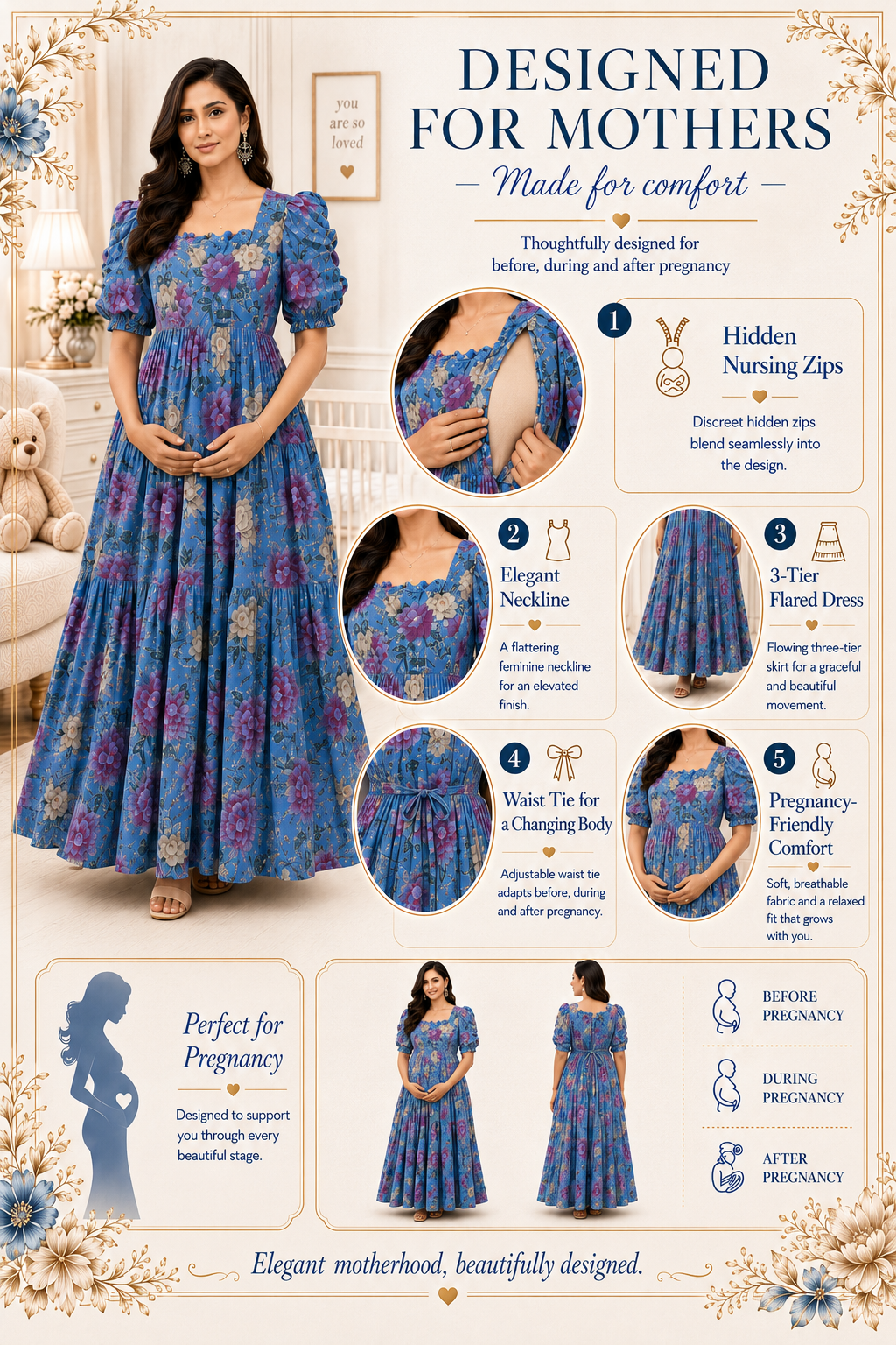 Sky Blue with Purple & Gold Roses Maxi Dress