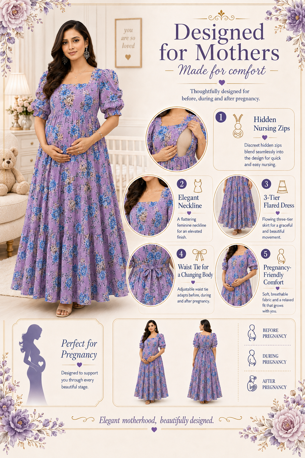 Purple with Blue & Gold Roses Maxi Dress