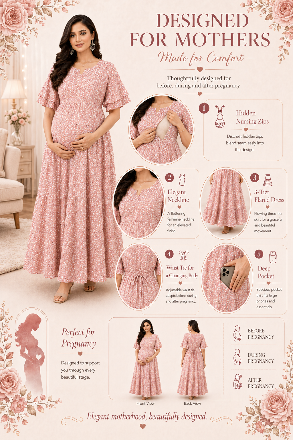 Small Flower Print Nursing Dress - Pink