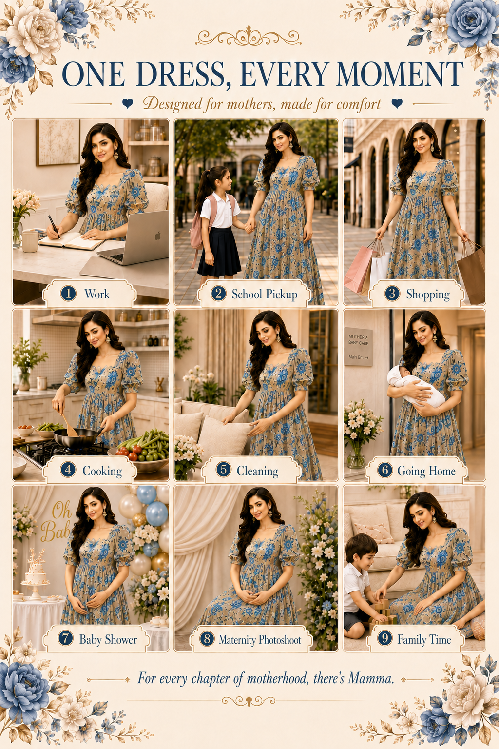 Beige with Blue & Gold Roses Maxi Dress