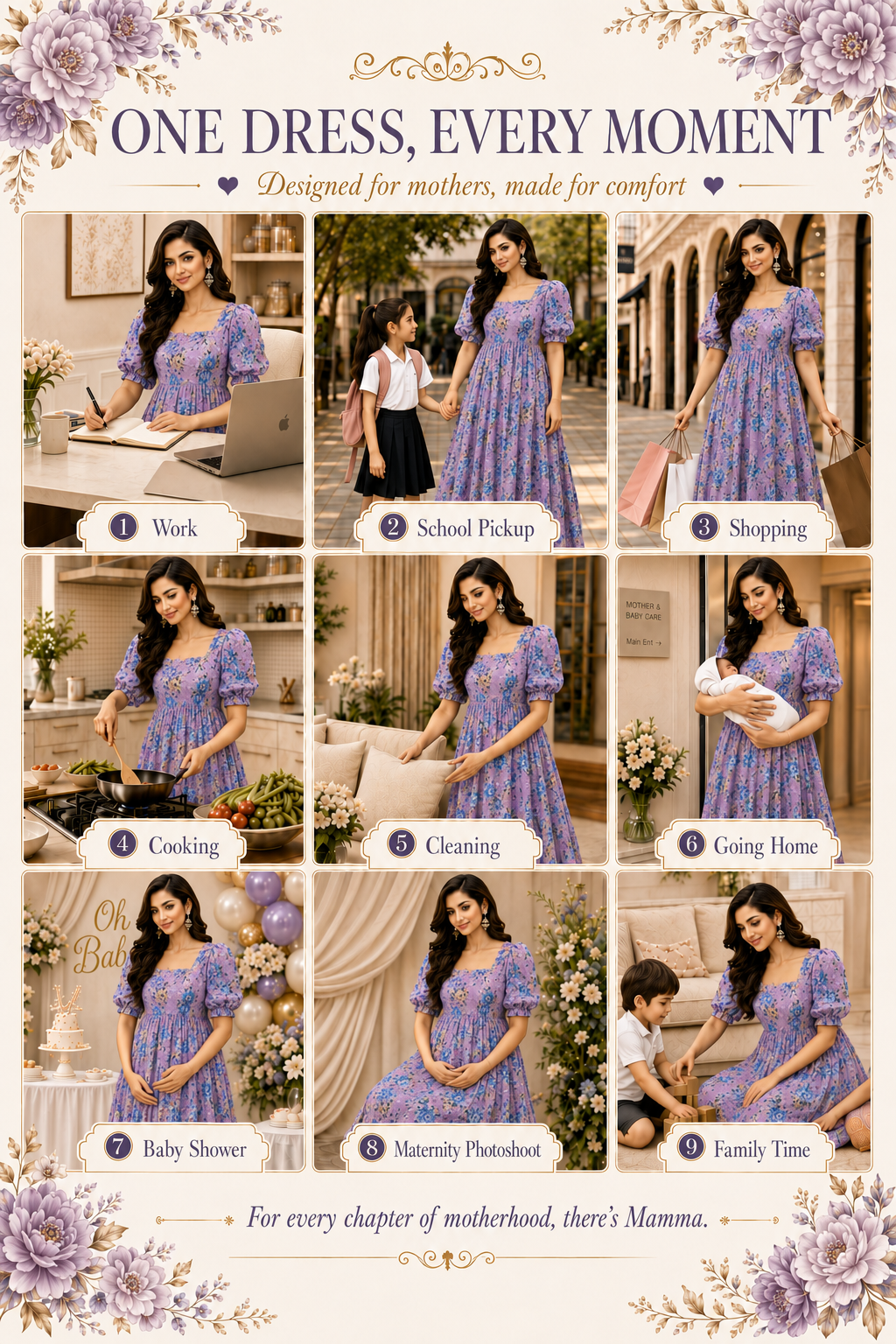 Purple with Blue & Gold Roses Maxi Dress