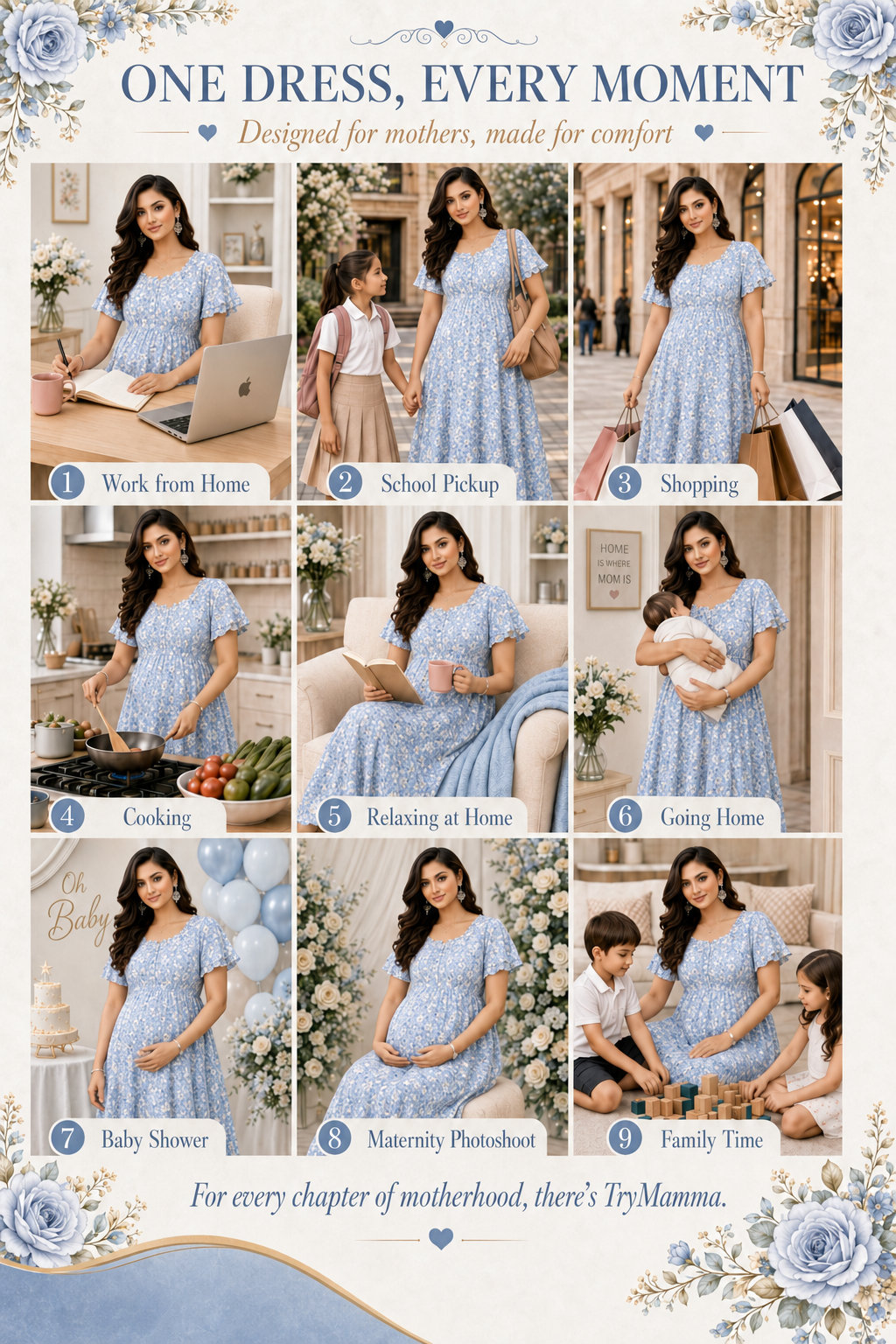 Small Flower Print Nursing Dress - Blue