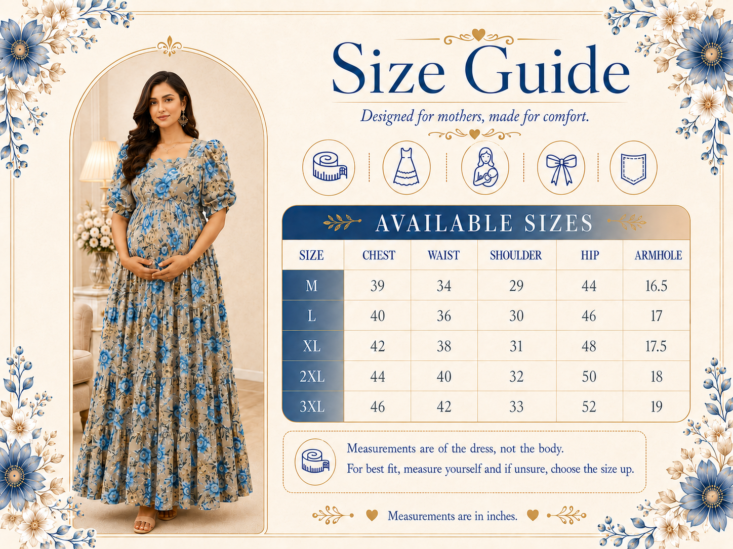 Beige with Blue & Gold Roses Maxi Dress