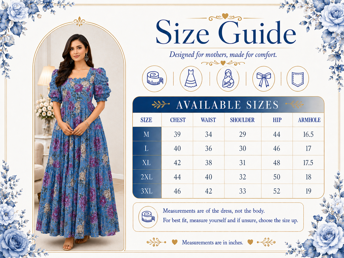 Sky Blue with Purple & Gold Roses Maxi Dress