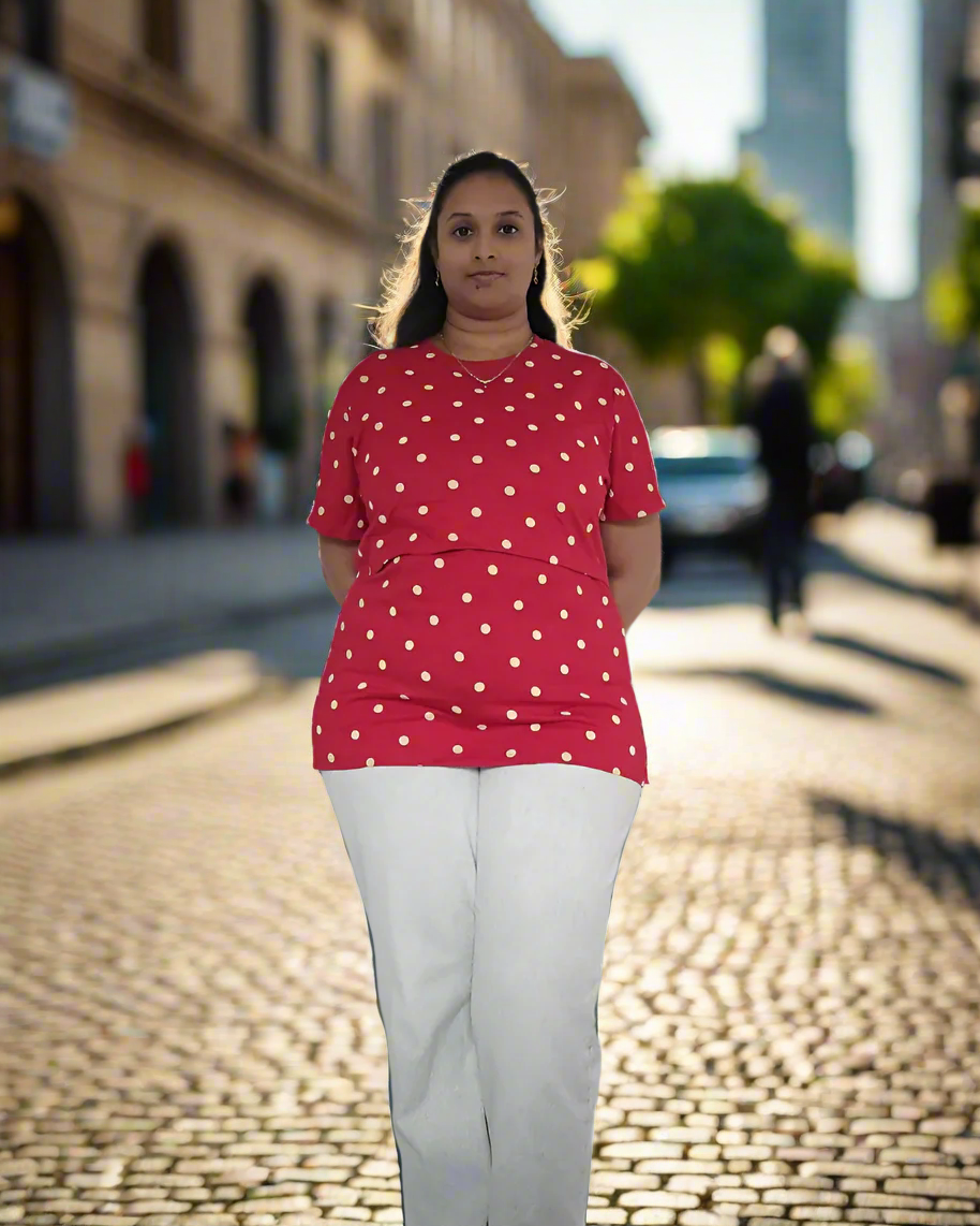 Mamma Cotton Maternity & Nursing Top – Red Polka Dot Feeding Tee