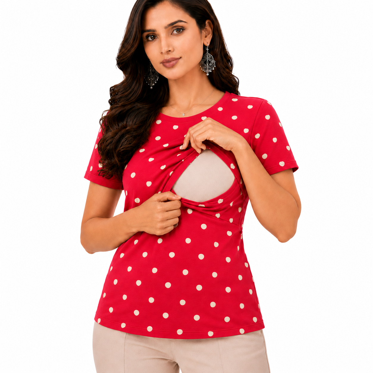 Mamma Cotton Maternity & Nursing Top – Red Polka Dot Feeding Tee