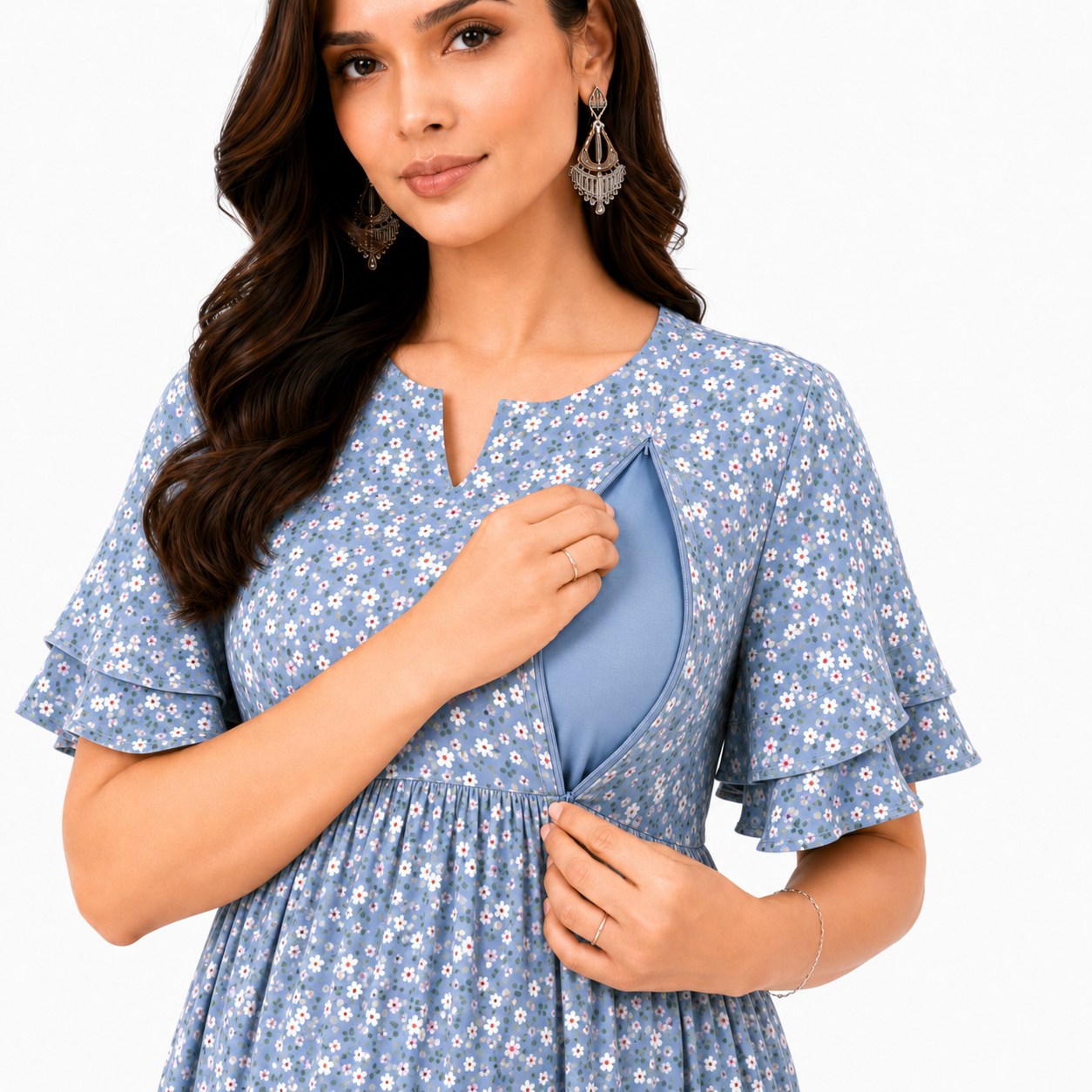 Small Flower Print Nursing Dress - Blue