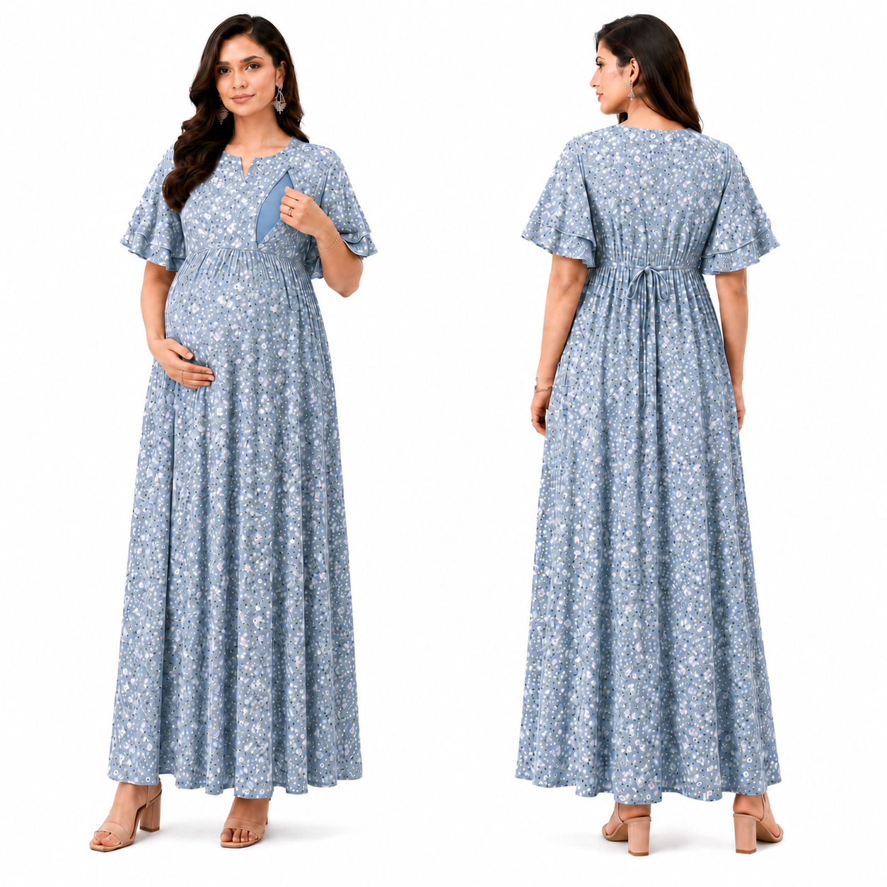 Small Flower Print Nursing Dress - Blue