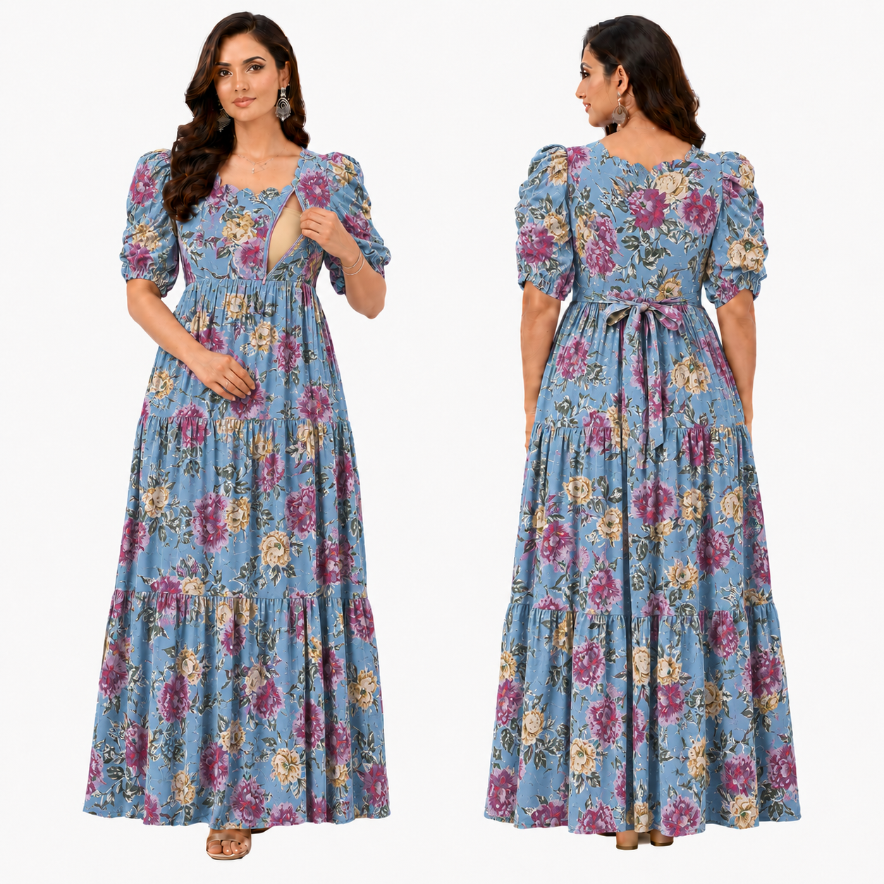 Sky Blue with Purple & Gold Roses Maxi Dress