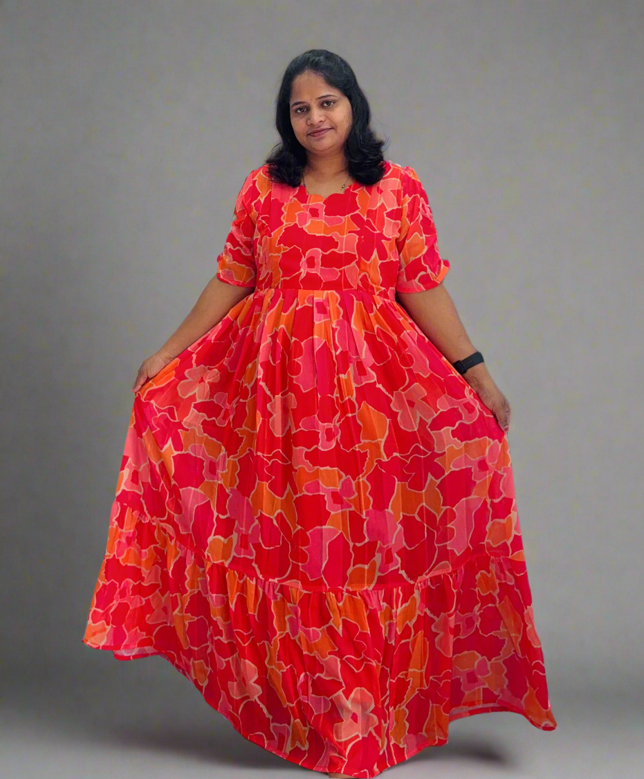 Red and Orange Flower Maxi Dress
