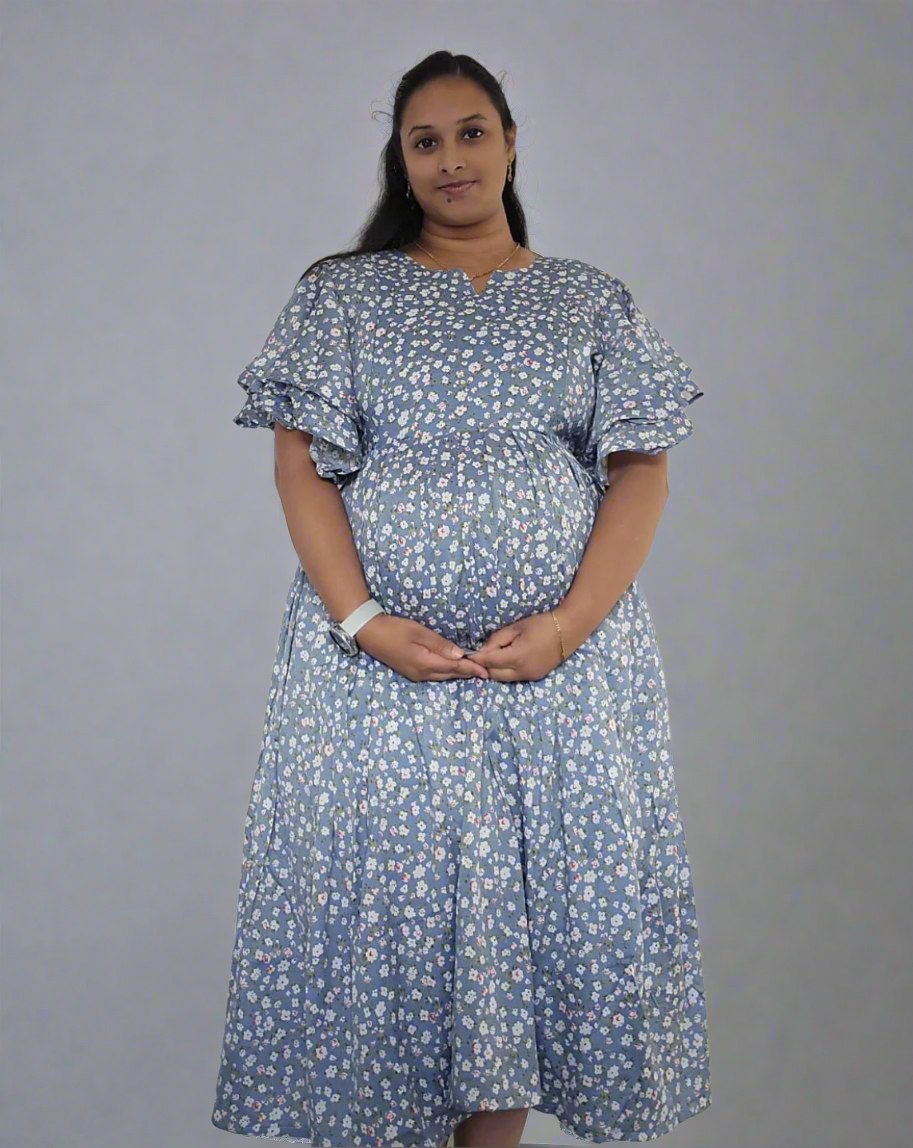 Grey with Small Flower Print Midi Dress