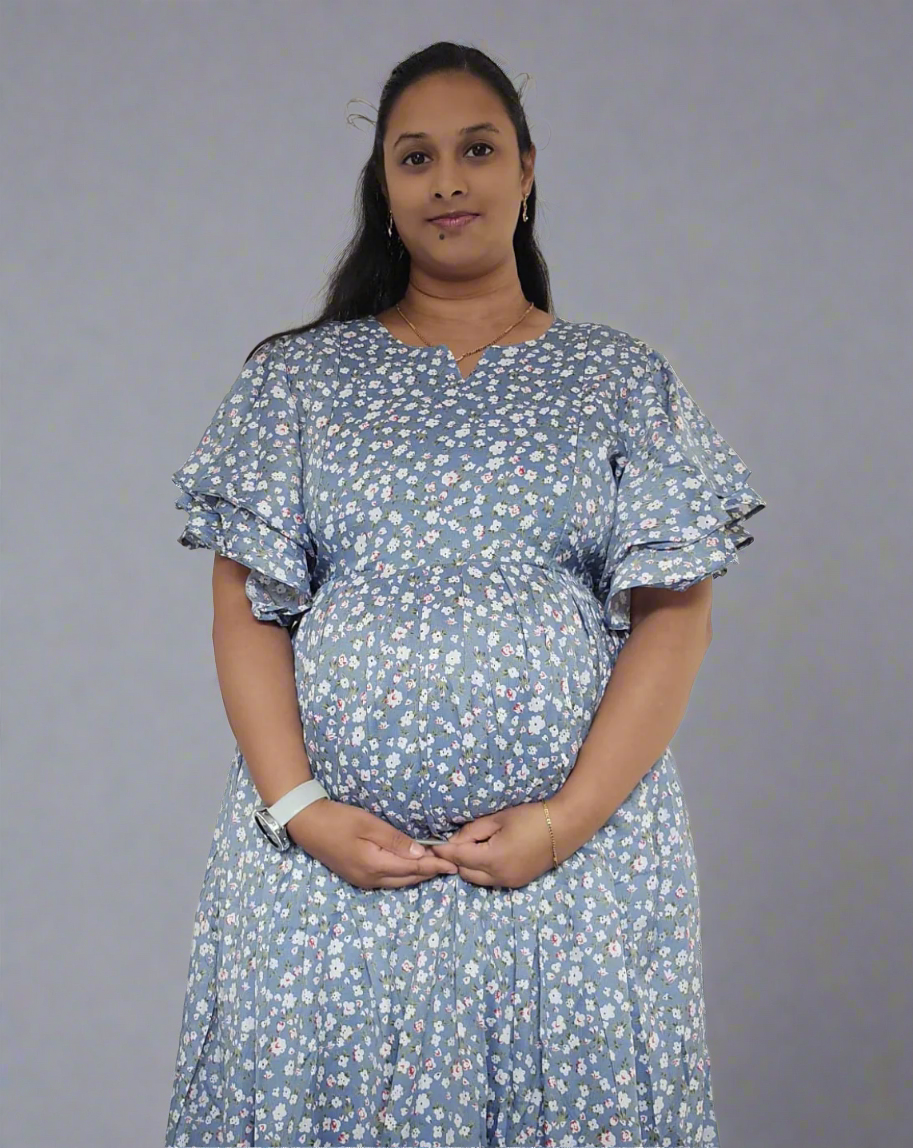 Grey with Small Flower Print Midi Dress
