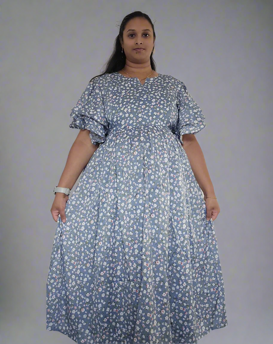 Small Flower Print Nursing Dress - Blue